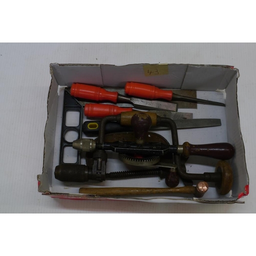 341 - Box of G clamps, chisels etc.