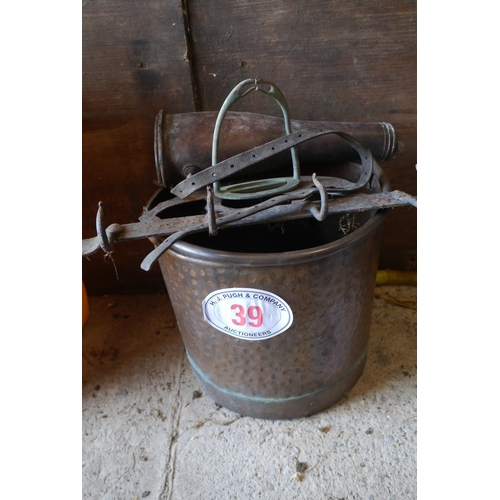 39 - Copper bucket, hooks and leather case