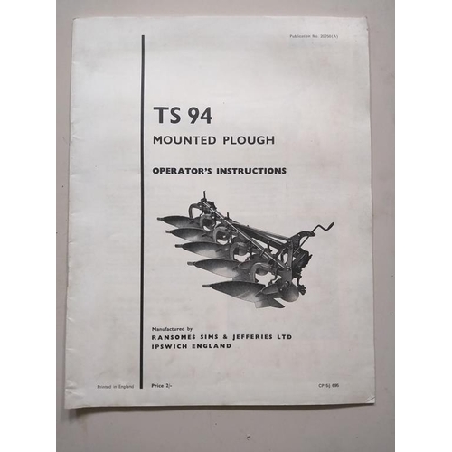 213 - Ransomes, Simms and Jefferies manuals,TS80 mounted plough x2, TS94 mounted plough and TS82A mounted ... 