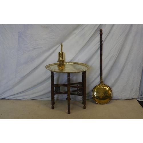 Brass banaris tray on stand, copper and brass warming pan, brass meat jack