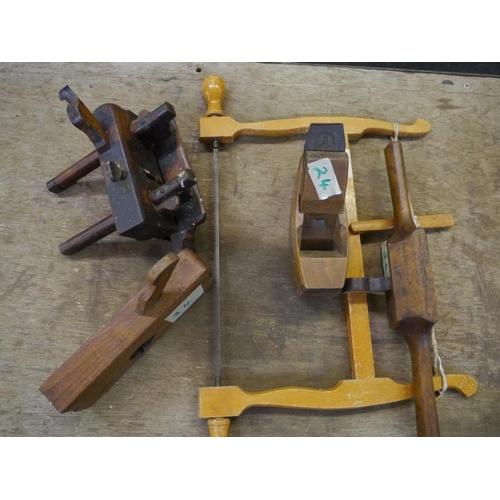 476 - Plough plane, bow saw, router, 2 wooden planes, coal hammer and bar