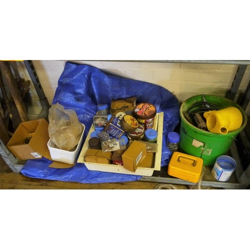 14 - Shelf of workshop accessories and tarpaulin