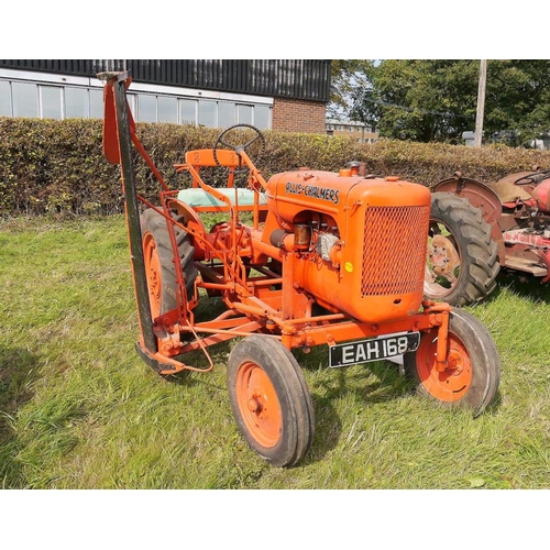 567 - Allis Chalmers model B tractor with midmounted mowers. Runs. Reg. EAH 168