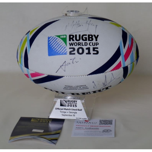 130 - Official match used ball on Rugby World Cup ball holder. Tonga vs Georgia 2015 Rugby World Cup signe... 