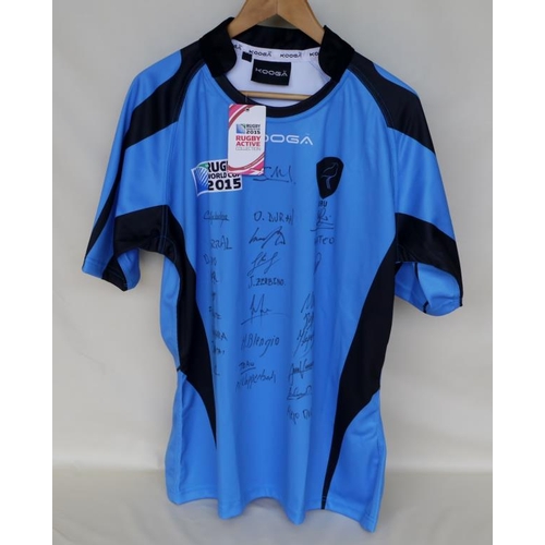 133 - Official 2015 Rugby World Cup Uruguay home shirt signed. 3 Signatures missing.