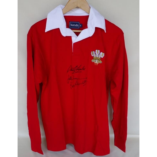 140 - Official Wales rugby shirt signed by Phil Bennett, JPR Williams and Gareth Edwards