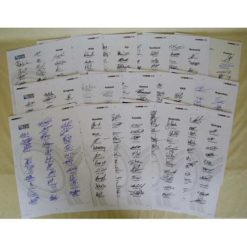 199 - Official 2015 Rugby World Cup 16 signed team sheets including Australia, France, Scotland, Italy, Ir... 