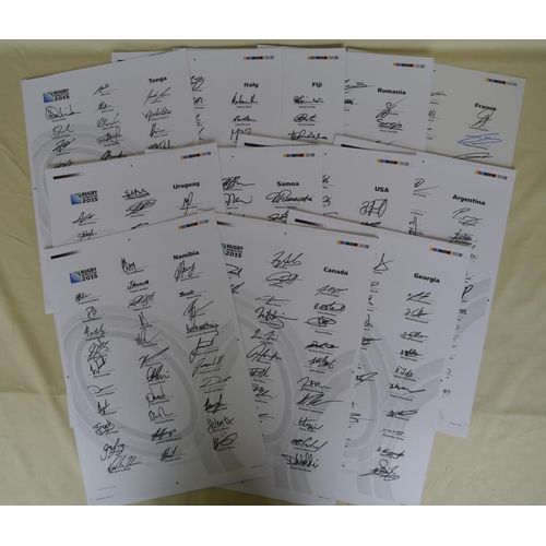 201 - Official 2015 Rugby World Cup 12 signed team sheets including Argentina, France, Fiji, Italy, Namibi... 