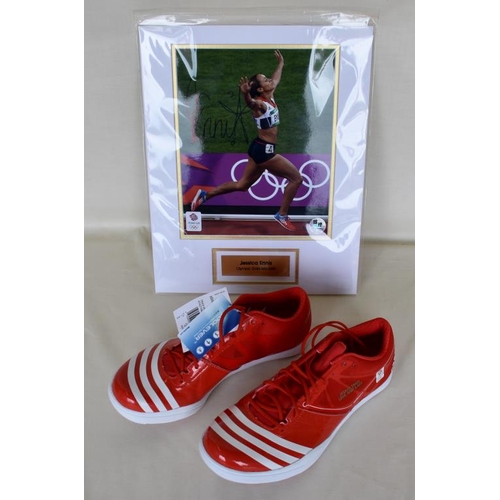 70 - Pair of Limited Edition 9/12 commemorative long jump spikes size 7 1/2. Limited Edition framed photo... 