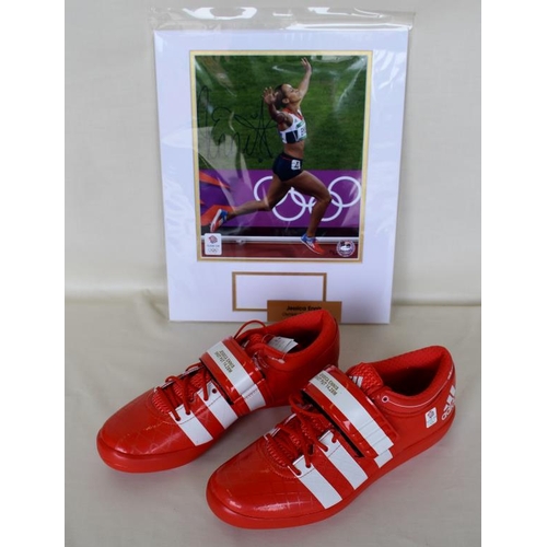 73 - Pair of Limited Edition 8/12 commemorative shot put shoes size 7 1/2. Limited Edition framed photogr... 