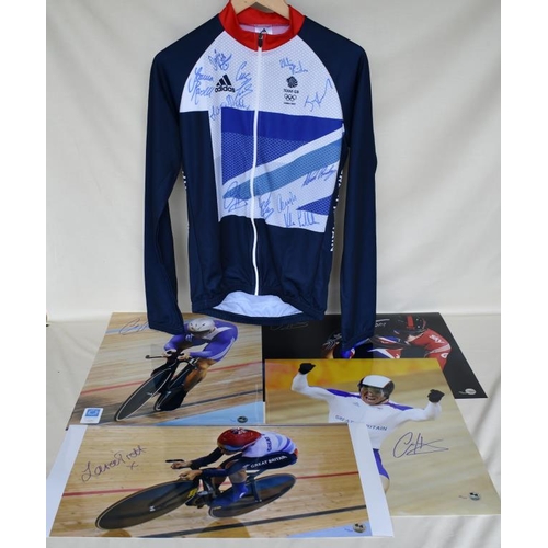 74 - Signed Team GB cycling jersey and four signed Limited Edition photographs of Chris Hoy and Laura Tro... 