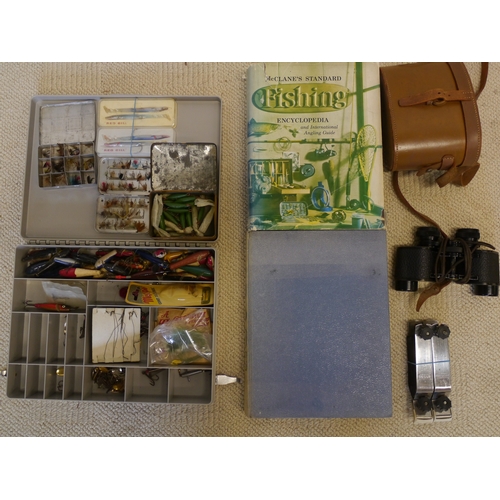 372 - Large quantity of fishing lures and flies. Pair of Fournier metropax binoculars and encyclopedia of ... 