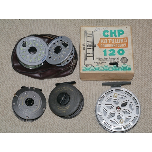 378 - 4 Fly reels, J.W Young Muct 1 flyer 1560, J.W Young Relex Saltwater 1480, Shakespeare beaulite, Russ... 