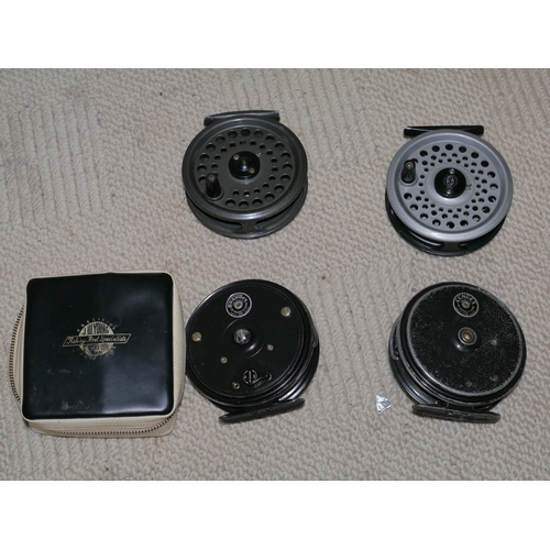 379 - 4 Fly reels , Interpid Rimfly, K.P.Morrit intrepid, J.W Young Beaudex, J.W Young Condex