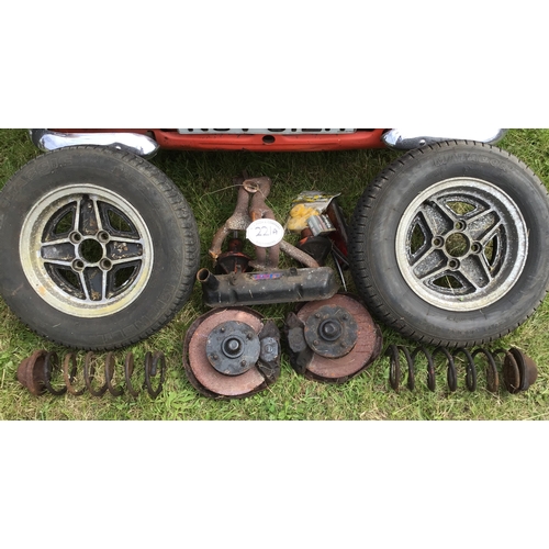 221A - 2 Mark 1 escort RS style wheels and tyres, mk1 hubs, discs and calipers, 1300GT manifold & rocker co... 