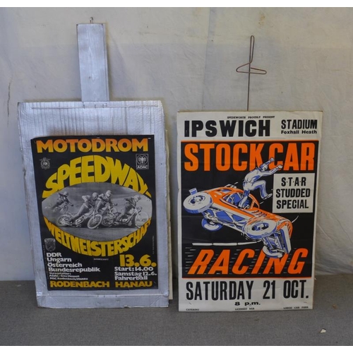 113 - Double sided poster board- Old Ipswich and Edinburgh posters and Ipswich stock car racing poster and... 