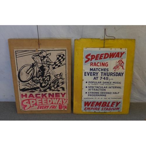 114 - Double sided poster board. Wembley stadium and Hackney speedway posters and Bremen and Otley Aces sp... 