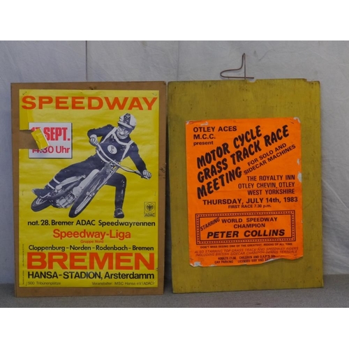 114 - Double sided poster board. Wembley stadium and Hackney speedway posters and Bremen and Otley Aces sp... 