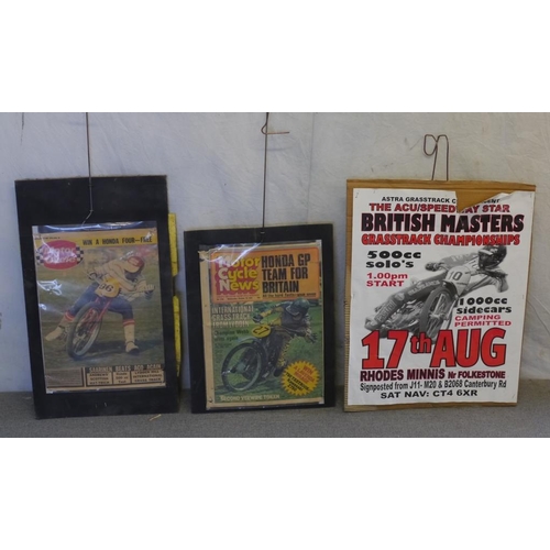 116 - Double sided poster board- 2 Motorcycle magazine posters, British Masters grasstrack poster, Bewdley... 