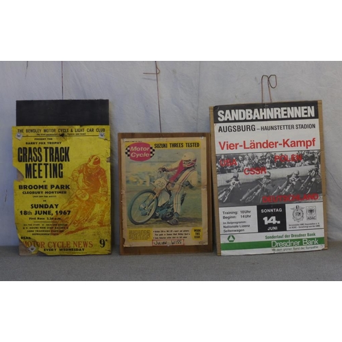 116 - Double sided poster board- 2 Motorcycle magazine posters, British Masters grasstrack poster, Bewdley... 