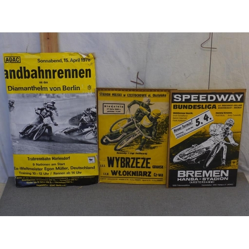 117 - Double sided poster board- 2 German/1 Polish speedway posters and Hillington grasstrack poster, Work... 