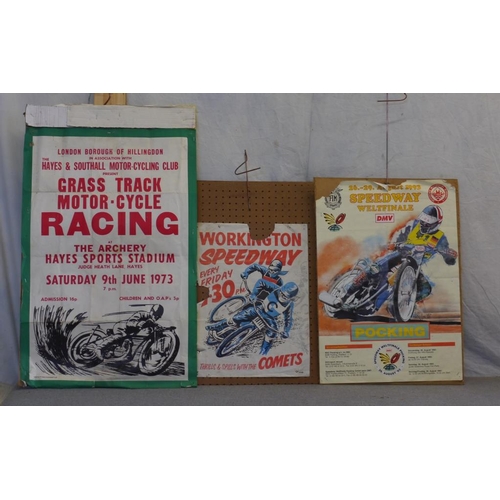 117 - Double sided poster board- 2 German/1 Polish speedway posters and Hillington grasstrack poster, Work... 