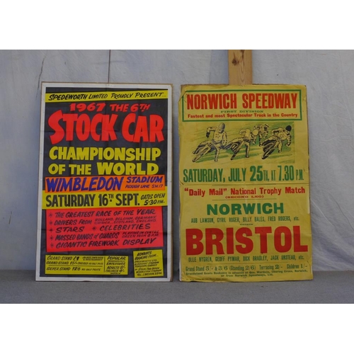 119 - Double sided poster board- Norwich speedway poster, Wimbledon stock car poster and World longtrack f... 