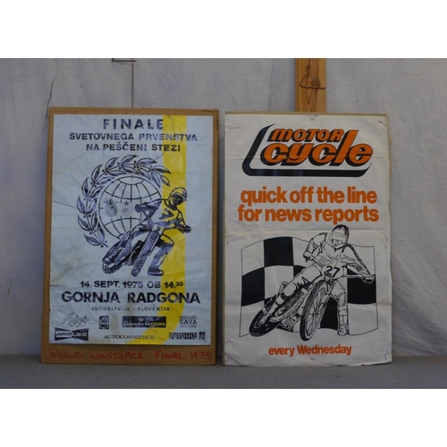 119 - Double sided poster board- Norwich speedway poster, Wimbledon stock car poster and World longtrack f... 