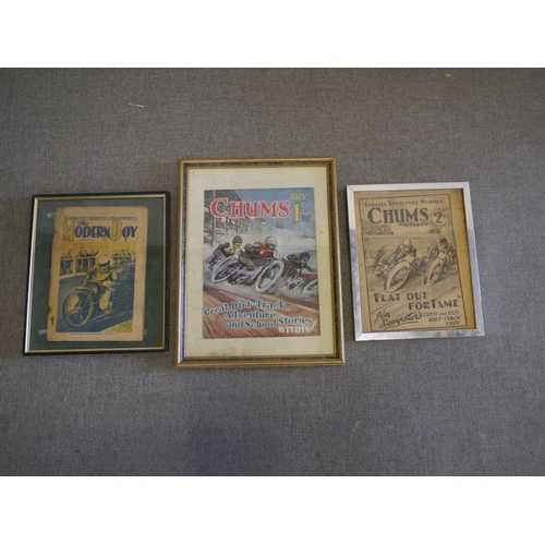 120 - 3 Framed boys annual covers, 2 chums, 1 The Modern Boy 1932.