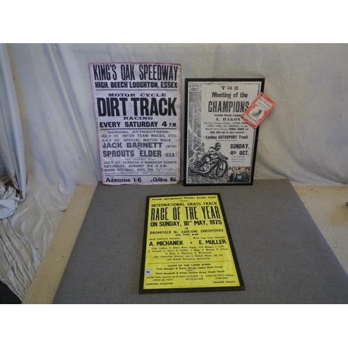 125 - Kings Oak dirt track poster, The Meeting of Champions grasstrack poster and Race Of The Year 1975 gr... 