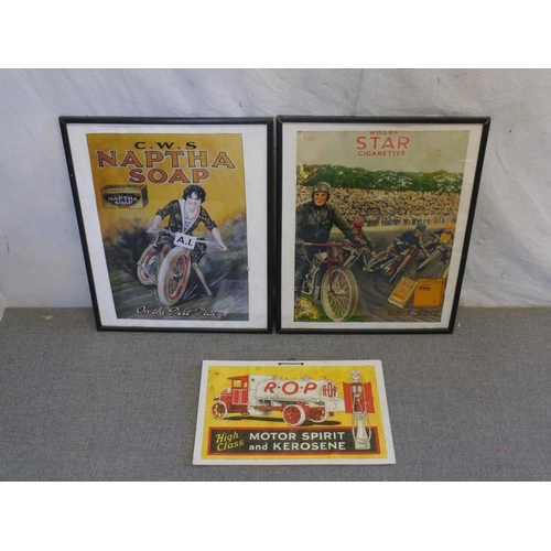 132 - C.W.S Maptha soap framed poster, Wills Star Cigarettes framed poster, ROP Motor Spirit poster.