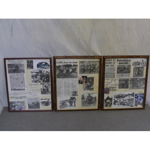 137 - 3 Framed newspaper cut outs from speedway races from 40's-90's