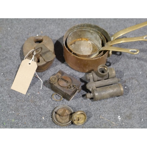 348 - Large lock and 3 copper pans and various others