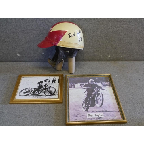 490 - Red and white Avia kit Trackstar helmet worn and signed by Ron Taylor, size 7 1/8 with 2 framed phot... 