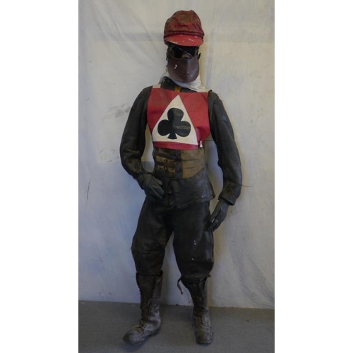 494 - Mannequin dressed in early leathers including boots, gloves, helmet, goggles and wearing Bell View A... 