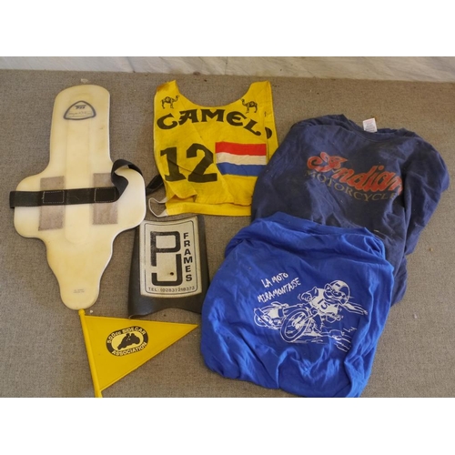 503 - Quantity of speedway/grasstrack clothing including Camel No.12 race jacket, 2 T shirts etc