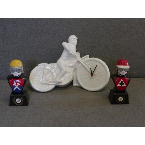 538 - Speedway clock, ceramic speedway award busts