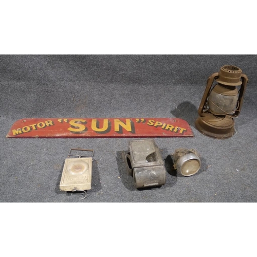 603 - Box of Tilley lamp, carriage lamp, bicycle light and Motor Sun Spirit sign