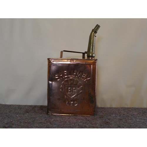 680 - 2 Gallon Shell Mex copper fuel can with brass funnel. No.9160.