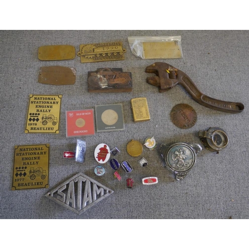 79 - Fordson spanner, brass compass, flat tank motorcycle stamp. Fuel caps, TT badges and Rolls Royce bad... 