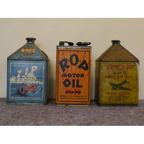 801 - ROP A.M.G oil can, ROP ZIP spirit oil can, ROP motor oil can