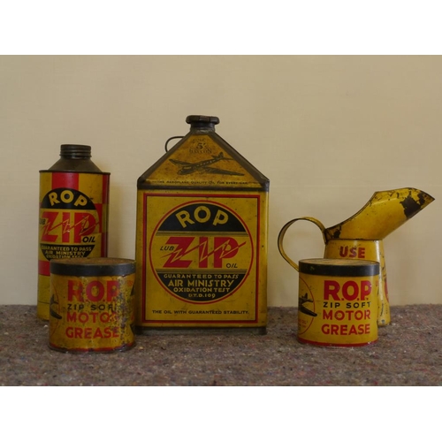 803 - ROP 1gallon ZIP oil can, ZIP oil jug, one quart ZIP oil can and 2 ROP ZIP grease cans