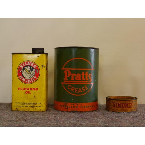 804 - Pratts 7lb grease can, Silver Knight flushing oil can and Simoniz can