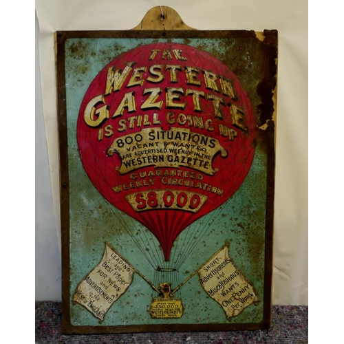 813 - The Western Gazette tin advert on wooden back 28x19