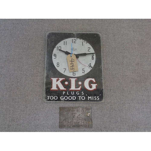 858 - KLG Plugs glass wall clock and Carless Capel and Leonard Petrolium spirit tin sign 3.5x5.5