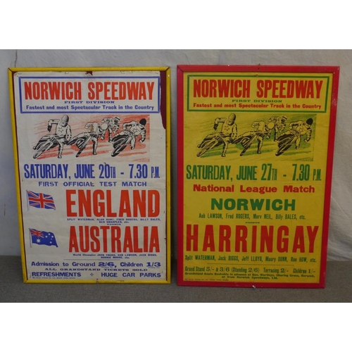 98 - 2 Norwich speedway posters to include England vs Australia, Nowrich vs Harringay