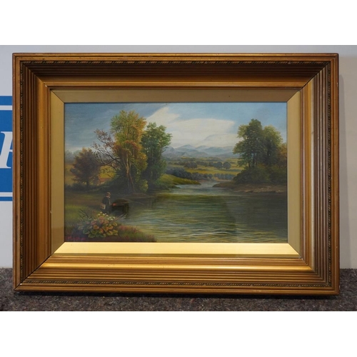 111 - Oil on canvas of fly fishing scene by J.Frank Oliver in gilt frame