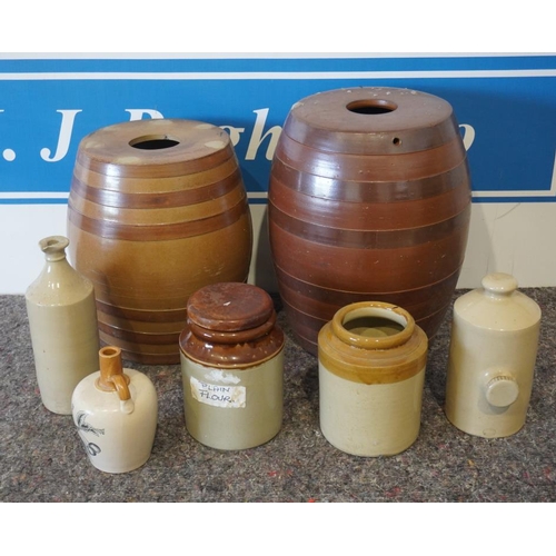 4 - 2 Large stoneware barrels & box of assorted stoneware jars