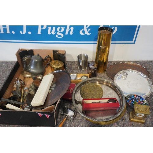 57 - Box of silver plate, brassware & clocks etc.