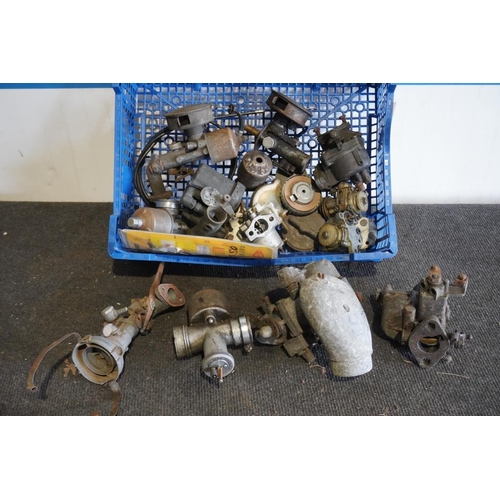 245 - 2 Oil tanks, chain, sprockets,  shocks and box of assorted early carburettors including Villiers